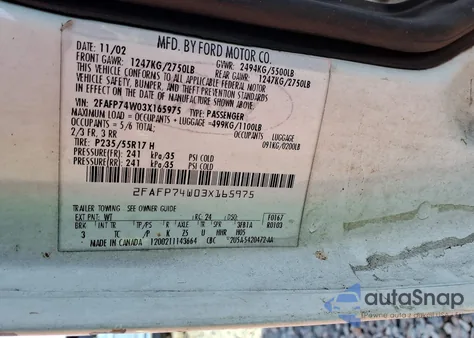 2003 Ford Crown Victoria Lx из США, поврежденный, VIN 2FAFP74W03X165975